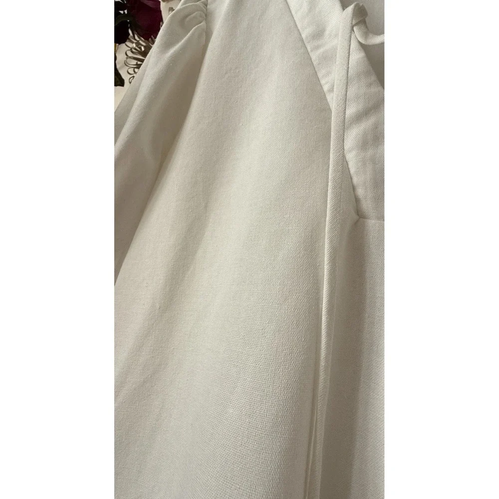 Chrysanthemum Linen Blend Mini‎ Dress Women M Ivory Puff Sleeve Lace Up Cottage
